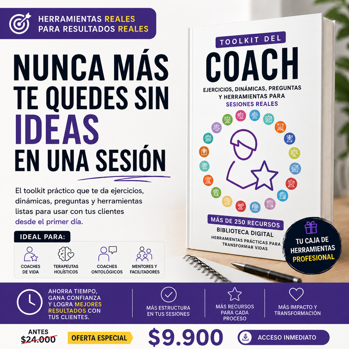 Toolkit del Coach + Biblioteca Digital | 250+ Recursos para Sesiones Profesionales